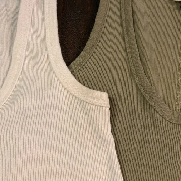 Classic Ribbed Cotton White and Olive Green Tank Top Bundle - Picture 3 of 9